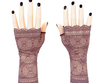 Fingerless gloves fine lace art deco taupe-purple