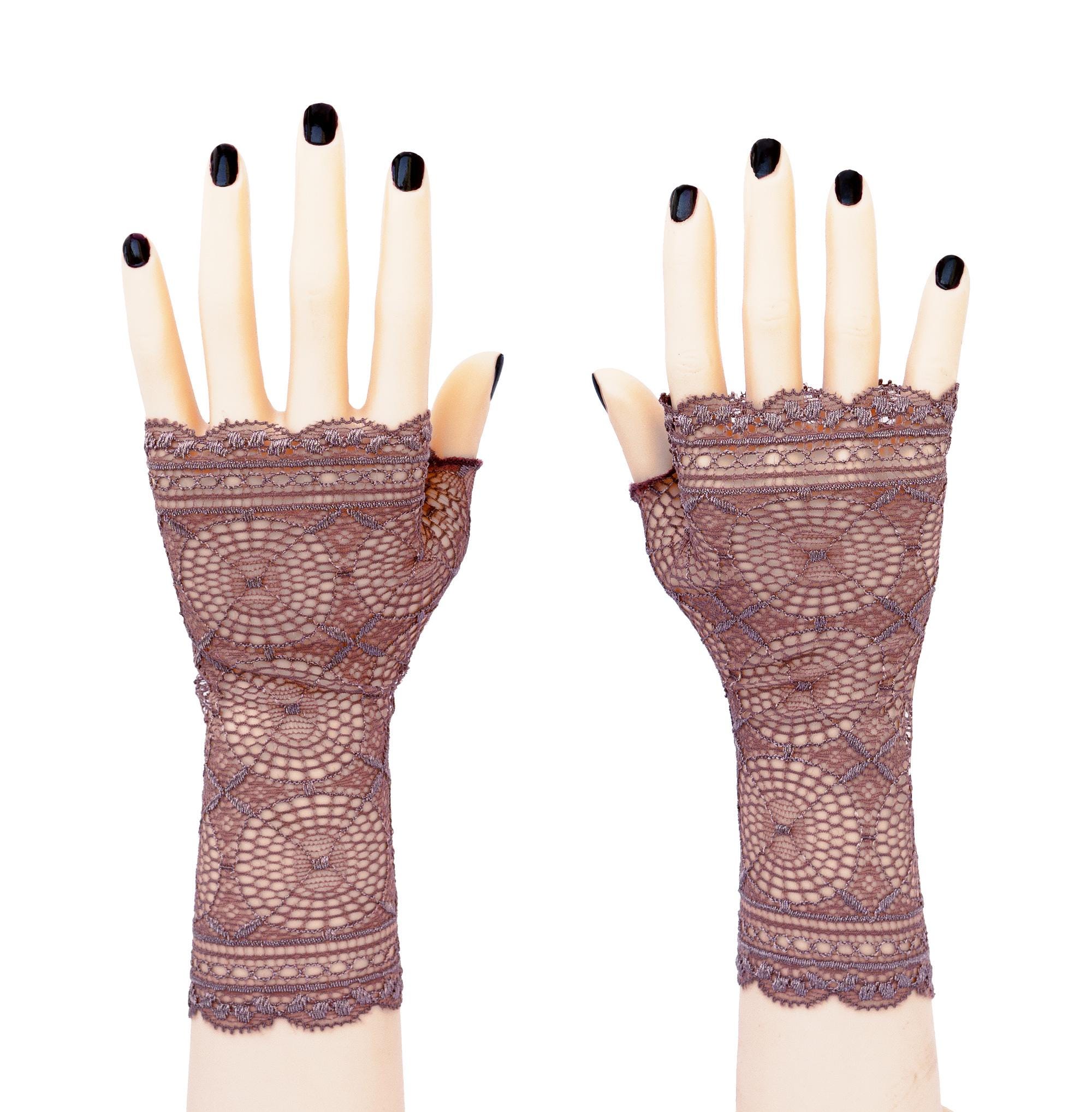 Fingerless gloves fine lace art deco taupe-purple