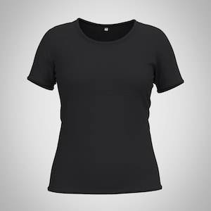 Könnte beinhalten: Ein einfarbiges schwarzes T-Shirt mit kurzen Ärmeln.