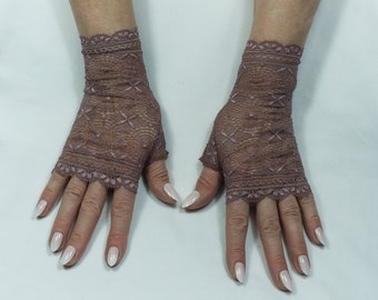 Guantes calentadores de pulso sin dedos hechos de encaje fino art deco taupe-violeta XS-XL