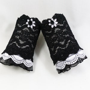 gothic lolita cuffs made of lace black and white with flower appliqué image 1