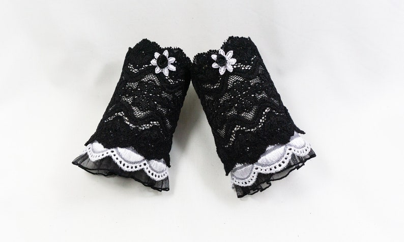 gothic lolita cuffs made of lace black and white with flower appliqué image 1