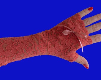 Chauffe-poignets longs sans doigts, couleur corail pastèque avec nœud, jolis et doux
