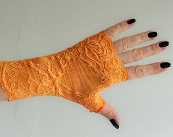 Wrist warmer gloves fingerless jaffa orange net lace flowers