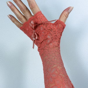 Long wrist warmers fingerless arm warmers color coral watermelon with bow nice and soft image 3