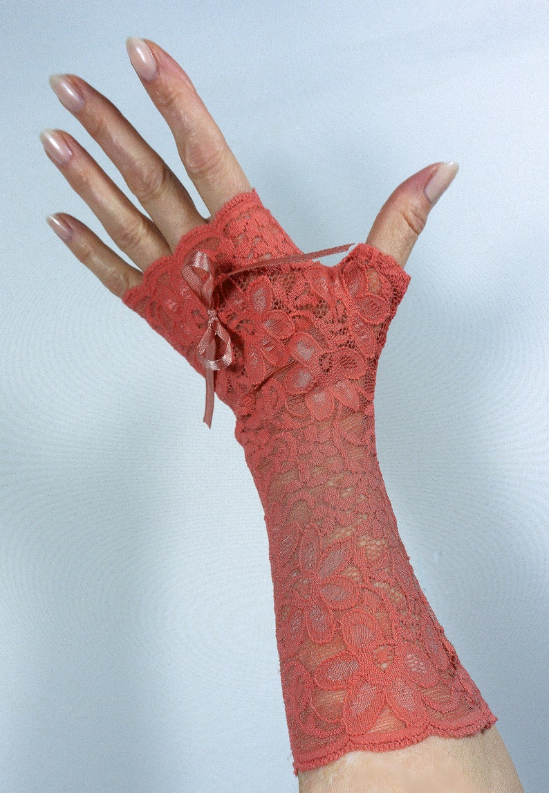 Long wrist warmers fingerless arm warmers color coral watermelon with bow nice and soft image 3