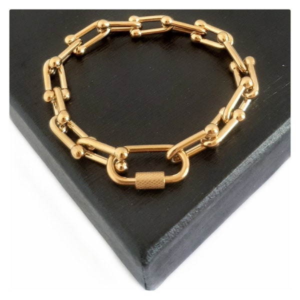 Carabiner Bracelet Heavy U link Hardware Chain - Custom Length Gold Over Stainless Steel - Edgy Industrial
