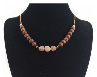 Natural Pink Moonstone Baroque Beaded With Wood Necklace - Gold Plated Chain - Unique Handmade Custom Sized Jewellery