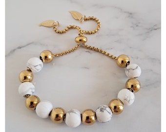 Beaded White Howlite Stone with Gold over Stainless Beads Steel sliding adjustable expandable slider clasp bracelet