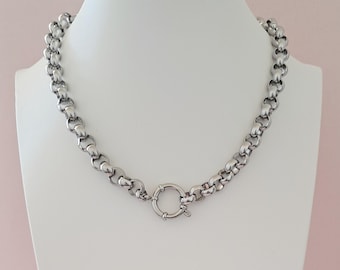 9mm Thick Rolo Belcher Chain Euro Bolt Ring Necklace - Silver Hypoallergenic Polished Stainless Steel - Customised Length