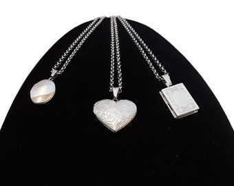 Custom made length chains with photo lockets - Heart Locket / Oval Locket / Round Locket - Silver Stainless Steel