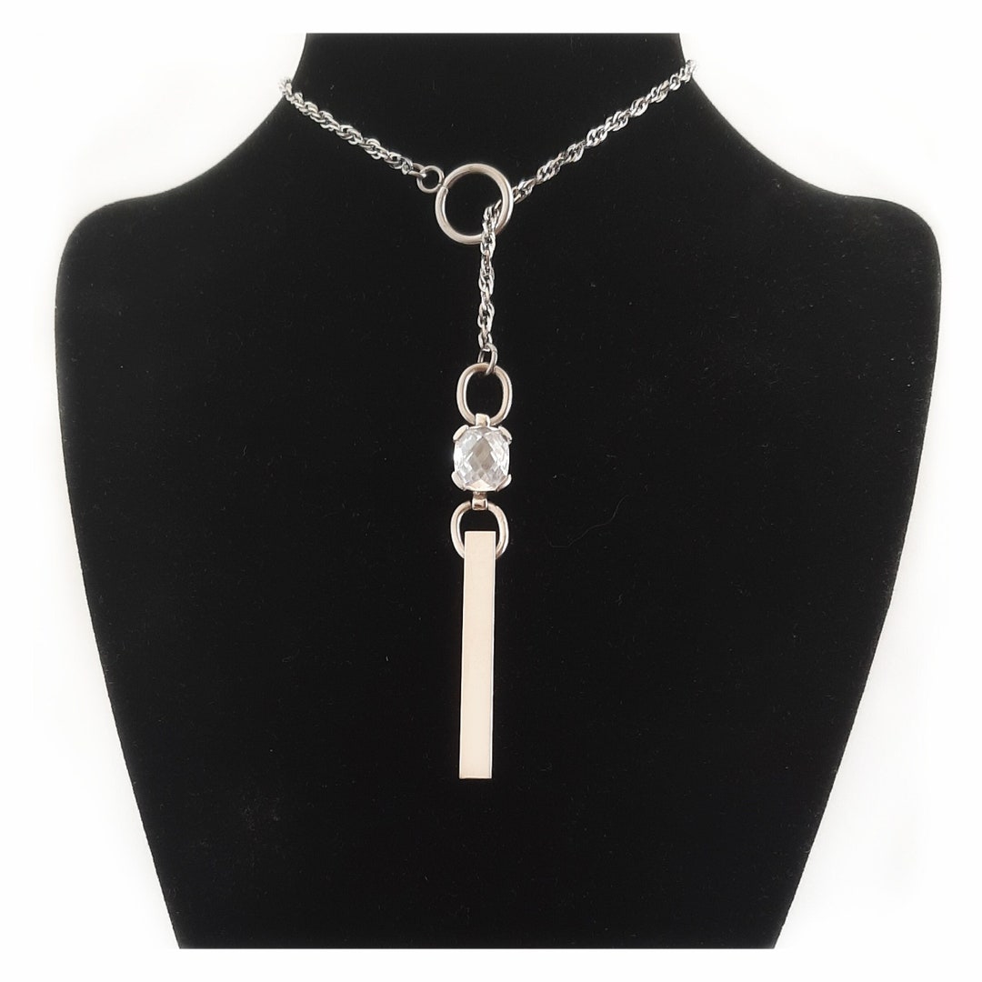 Crystal Vertical Bar Lariat Chain Necklace Silver Hypoallergenic Steel Unique Handmade Designed