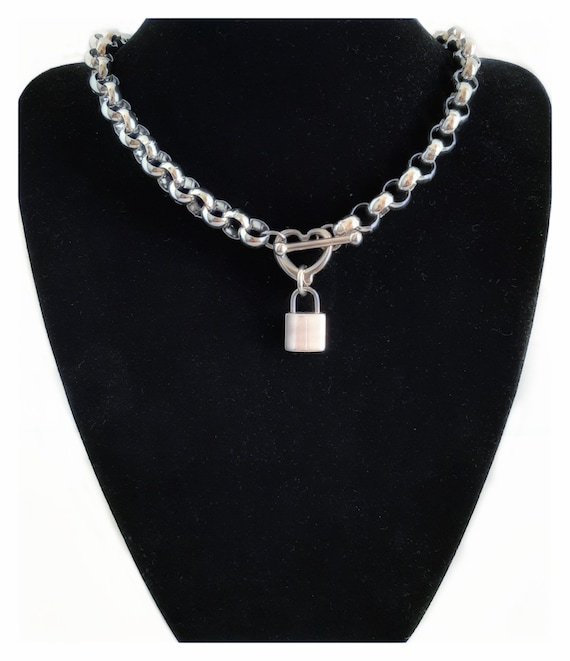 Heavy Chunky Heart T Bar Toggle Padlock Rolo Belcher Chain necklace Made to measure Silver Stainless Steel