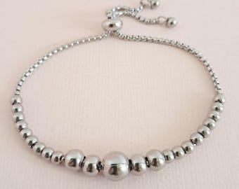 String of Beads Sliding Bracelet - Hypoallergenic Silver Polished Stainless Steel - Adjustable Slider Clasp