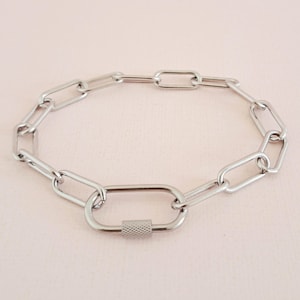 Silver Stainless Steel Paperclip Link Carabiner Clasp Bracelet - Made to Measure Customised Length