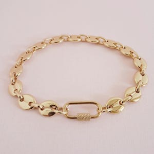 Carabiner Bracelet Heavy Puffed Mariner Coffee Bean Chain - Custom Length Gold Over Stainless Steel - Edgy Industrial