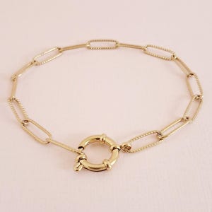 4mm Etched Paperclip Link Chain O Spring Ring Sailor Clasp Euro Bolt Bracelet - Customised Length - Gold Plated Over Stainless Steel
