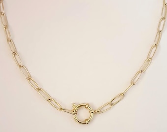 4mm Etched Paperclip Link Chain O Spring Ring Sailor Clasp Euro Bolt Necklace - Customised Length - Gold Plated Over Stainless Steel