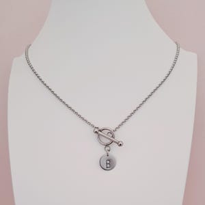 Silver Stainless Steel Hand Stamped Initial T Bar Toggle Necklace Chain Pendant