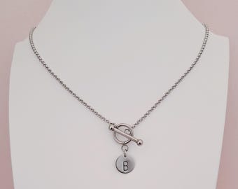Silver Stainless Steel Hand Stamped Initial T Bar Toggle Necklace Chain Pendant