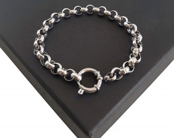 Custom Made Length Silver Steel European Bolt Ring Belcher Rolo Bracelet