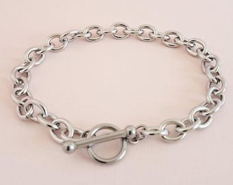 Custom Made Length - Cable Chain OT T-Bar Toggle Bracelet - Silver Hypoallergenic Stainless Steel