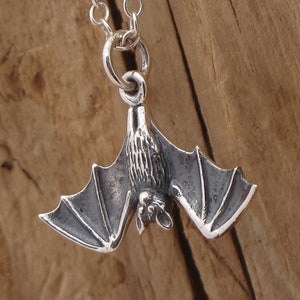 Hanging Bat Pendant Necklace Realistic Sterling Silver Gift Box Gothic Halloween Nocturnal Animal Lover