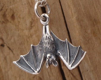 Hanging Bat Pendant Necklace Realistic Sterling Silver Gift Box Gothic Halloween Nocturnal Animal Lover