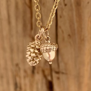 Puede incluir: Un collar de cadena dorada con un pequeño dije de oro en forma de bellota y piña. El collar está colgado sobre un fondo de madera.