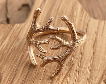 Stag Deer Antler Ring Adjustable Textured Bronze Gold Artemis Gothic Pagan Wiccan Gift Boxed Woodland Forest Reindeer Gift For Girlfriend