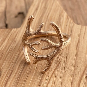Stag Deer Antler Ring Adjustable Textured Bronze Gold Artemis Gothic Pagan Wiccan Gift Boxed Woodland Forest Reindeer Gift For Girlfriend