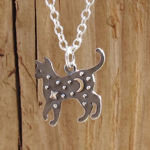 Cat Moon Star Pendant Necklace Sterling Silver Bronze Celestial Charm Kitty Pet Loss Gift Boxed Halloween Spooky Gothic Gift Daughter Mum