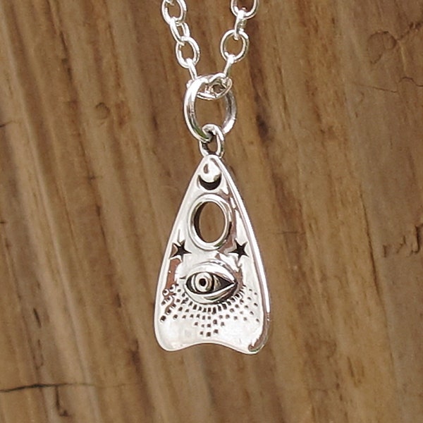 Ouija Planchette Charm All Seeing Eye Pendant Gothic Necklace Sterling Silver Gift Box Halloween Séance Board Stars Moon Occult