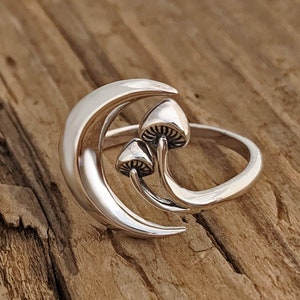 Bague champignon lune réglable en argent sterling croissant céleste dans une boîte cadeau gothique Halloween païenne wicca sorcière conte de fées