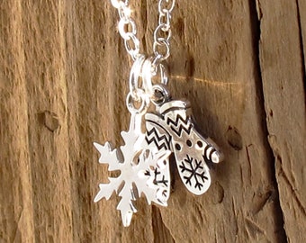 Snow Flake Mittens Pendant Necklace Christmas Sterling Silver Gift Boxed Skiing Ice Skating Hiking Travel Festive Gift For Friend