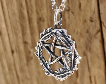 Oak Leaf Pentagram Pentacle Pendant Necklace Sterling Silver Oxidized Celtic Druid Wicca Acorns Witchcraft Pagan Gift For Girlfriend