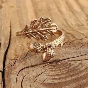 Bague gland feuille de chêne or réglable automne automne nature chêne puissant boîte cadeau force boîte cadeau conte de fées sorcière païenne wicca