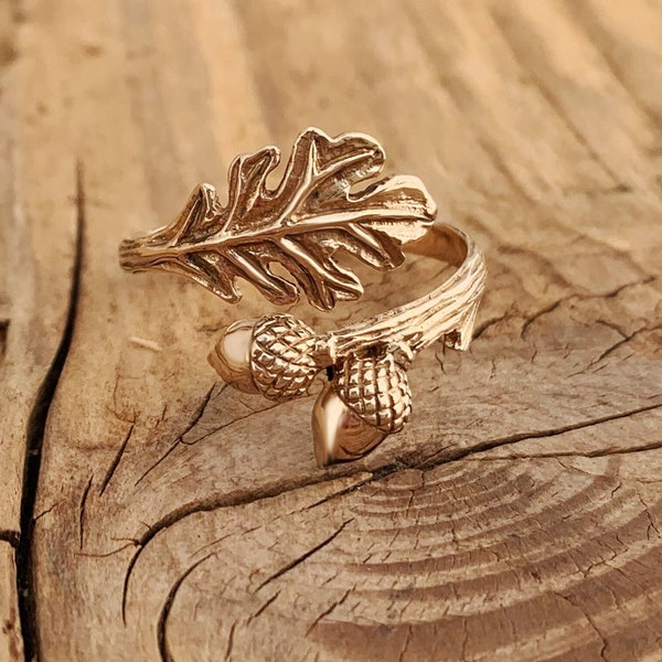 Oak Leaf Acorn Ring Adjustable Gold Autumn Fall Nature Mighty Oak Tree Strength Gift Box Pagan Wiccan Witch Fairy Tale Gift Box
