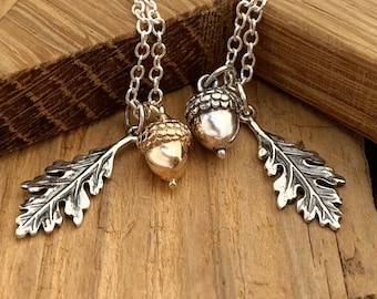 Acorn Oak Leaf Pendant Necklace Solid Sterling Silver Bronze Gold Mixed Metals Nature Forest Celtic Druid Witchcraft Pagan Mighty Oaks