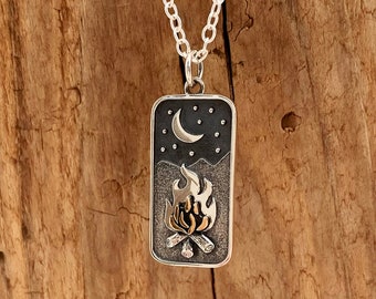 Campfire Moon Mountain Pendant Necklace Sterling Silver Mixed Metals The Great Outdoors Gift Boxed Adventure Camping Travel Skiing Unisex