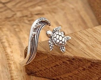 Sea Turtle Ocean Wave Ring Adjustable Sterling Silver Animal Ocean Lovers Beach Hoilday Vacation Tropical Anniversary Gift For Girlfriend