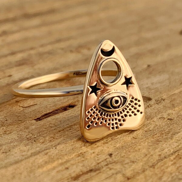 Ouija Planchette Ring All Seeing Eye Gothic Gold Plated Stars Moon Gift Box Halloween Séance Board Stars Moon Occult