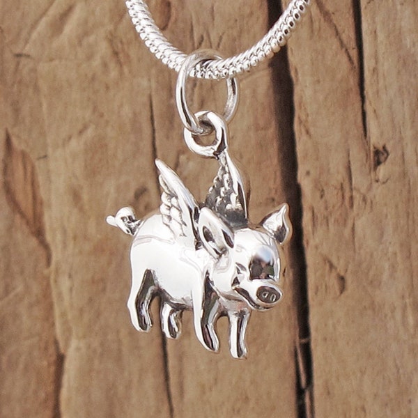 Flying Pig Pendant Animal Necklace Sterling Silver When Pigs Fly Farmer Gift Boxed Pet Swine Animal Lover Farm