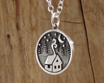 Log Cabin Pendant Necklace Sterling Silver Trees Moon Forest Travel Halloween Cottage Chalet Hut Gift Box Unisex Gift Friend Mountain