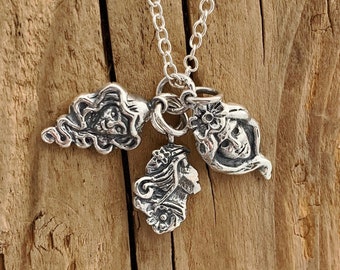 Sterling Silver Maiden Mother Crone Pendant, Art Nouveau Moon Goddess Necklace