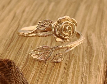 Rose Leaf Ring Adjustable Textured Bronze Gold Love Romance Gift