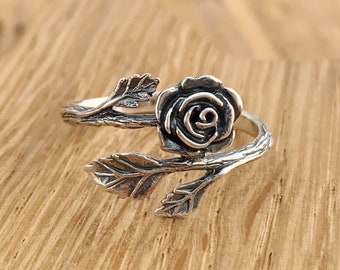 Rose Leaf Ring Adjustable Textured Sterling Silver Love Romance