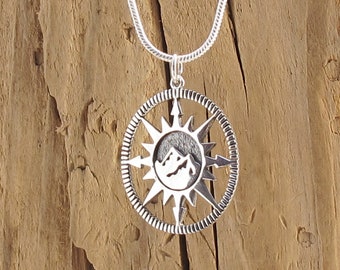 Mountain Range Compass Pendant Necklace Sterling Silver Gift Box Travel Camping Skiing Adventure Camping Hiking Skiing