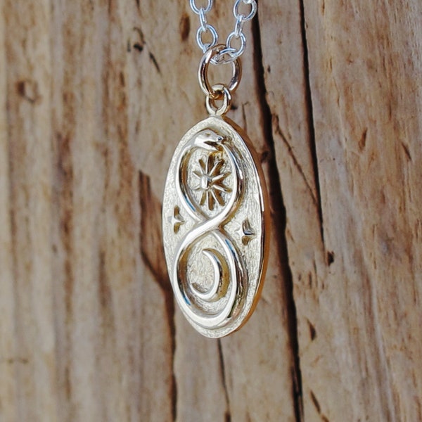 Bronze Infinity Ouroboros Snake Pendant Sun and Moon Sterling Silver Necklace Mixed Metals Charm Gift Boxed Friendship Love Serpent Gift Box