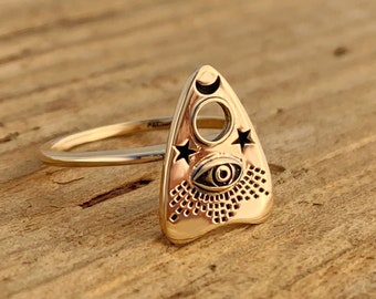 Ouija Planchette Ring All Seeing Eye Gothic Gold Plated Stars Moon Gift Box Halloween Séance Board Stars Moon Occult